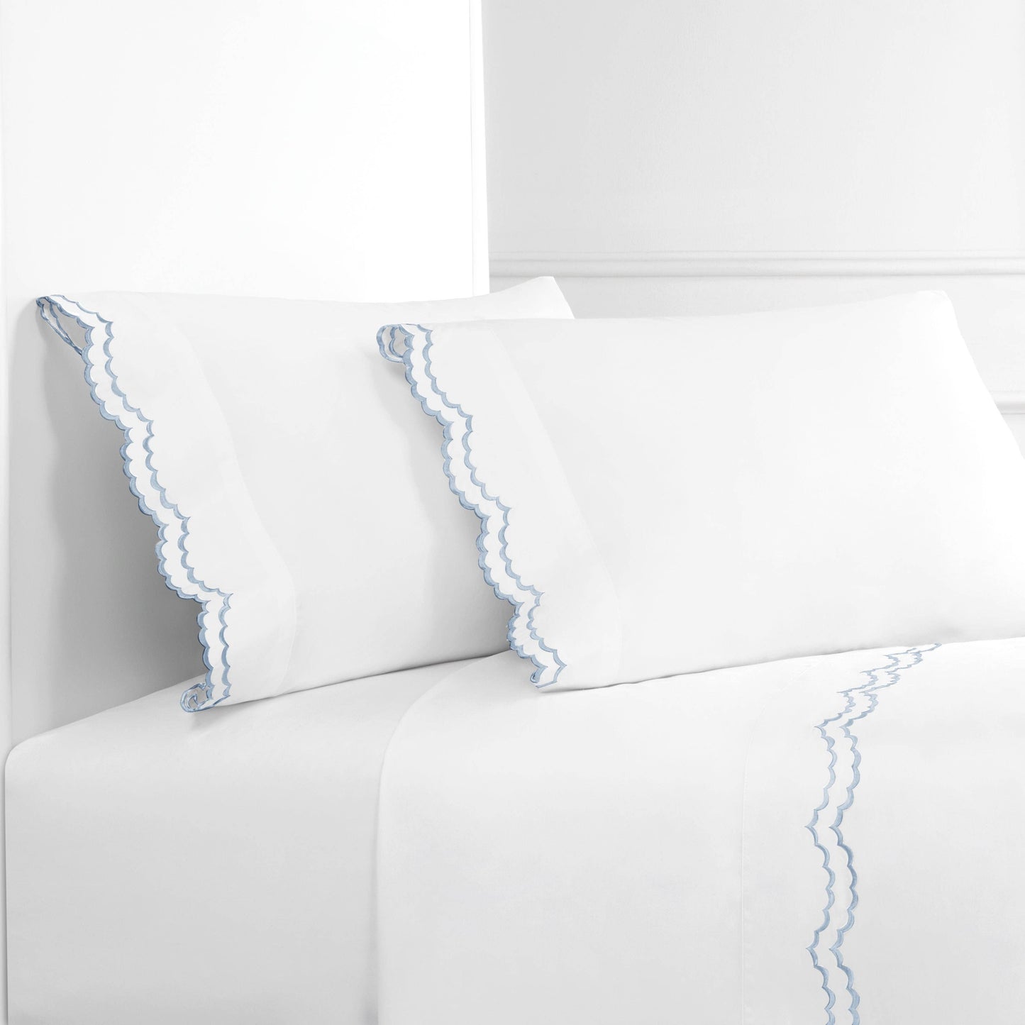 Double Scallop Embroidered Cotton Percale Sheet Set