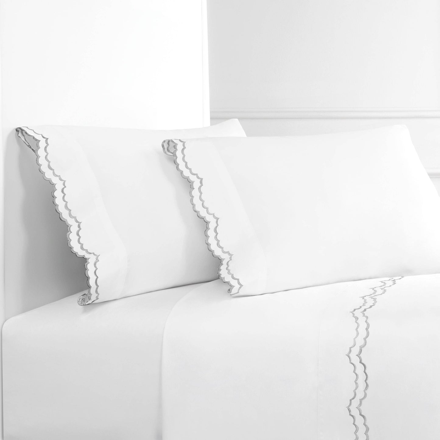 Double Scallop Embroidered Cotton Percale Sheet Set