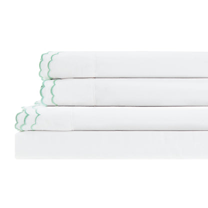 Double Scallop Embroidered Cotton Percale Sheet Set