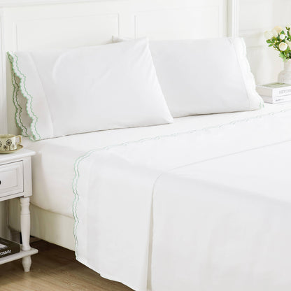 Double Scallop Embroidered Cotton Percale Sheet Set