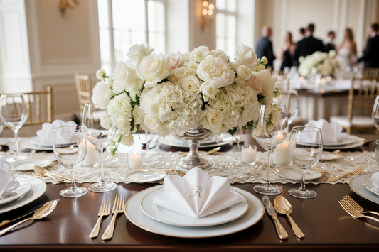 wedding guest table with white flowers and with a napkin with a single monogram